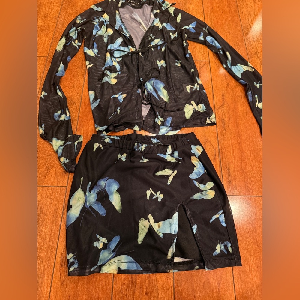 Motel Butterfly Mesh Top+Skirt Set